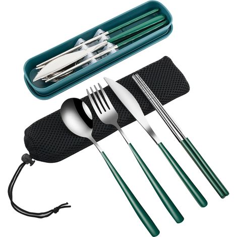 Lot de 4 couverts de voyage portables en acier inoxydable avec mallette. (1/5)