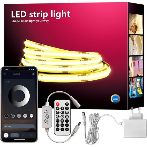 Bande LED COB 5 m - Blanc chaud (2700 K) - 24 V - Intensité variable - CRI92 - 8 mm de large - Avec télécommande et bloc d'alimentation - Pour décoration de la maison, cuisine, miroir (1/5)