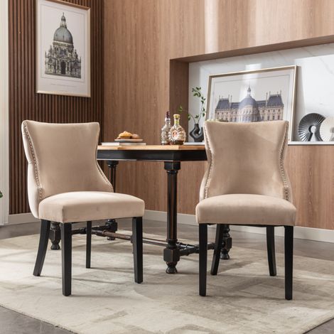 Stuhl Esszimmerstuhl Samt Beige Massivholz 2er Set OKMYHOME (1/5)