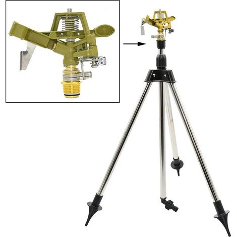 Arroseur à jet rotatif à 360° (buse en alliage) avec support en métal et double sortie basculante. Support trépied pour l'arrosage du jardin. (1/5)