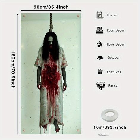 Décoration de porte d'Halloween, rideau de salle de bain Faucheuse, bannière décorative tête de mort effrayante - 90 x 180 cm (perforée + ruban) - Style 38