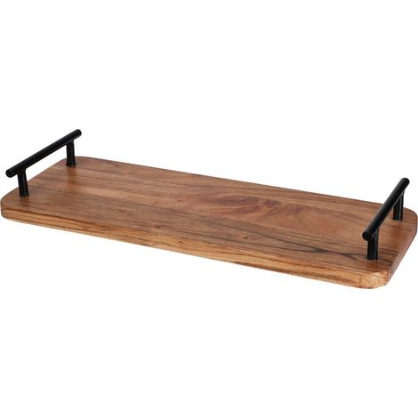 Plateau de service en bois d'acacia avec poignées en métal, 40 x 15 x 5 cm