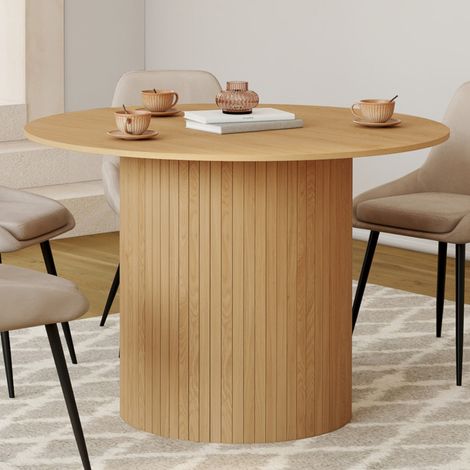 JULIETTE Mesa de comedor redonda para 6 personas con pata central efecto listones 110 cm (1/5)