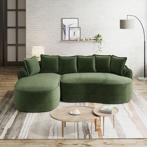 Canapé con chaise longue de chenilla verde, modular y convertible en cama, asiento extraprofundо