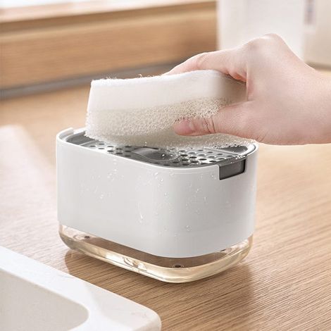 Dispenser di sapone multifunzionale, dispenser di detersivo per lavabo, flacone di sapone liquido per le mani, a pulsante, con funzione di accumulo. (1/4)