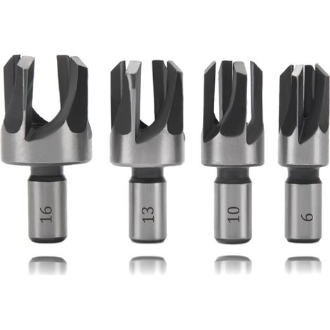 4 Pièces 6/10/13/16 mm Bois Plug Cutter Set, Tige Ronde Forets à Tenon en Acier au Carbone, Mèche à Bouchon Bois, Quatre Dents Fraises à Griffes Coniques, pour le Travail du Bois (1/5)