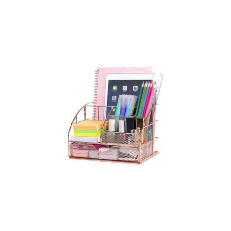Organiseur de bureau enfant avec porte-stylos et tiroirs pour ustensiles, en maille métallique or rose.-Crezuo