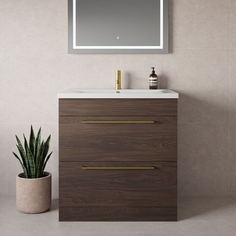 Napoli 460 Brown Oak 800mm 2 Drawer Vanity Unit with Glide Basin - 800mm - Brushed Brass 480mm Handle