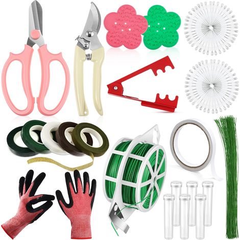 Ensemble d'outils de composition florale de 24 pièces, comprenant un sécateur, des gants (tailles 22/26), un tapis en mousse florale et des aiguilles. (1/5)