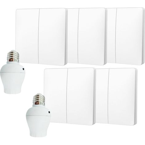 Kit interrupteur va-et-vient sans fil et sans pile prêt à poser - 5 boutons poussoirs double allumage + 2 douille à vis récepteur radio (1/5)
