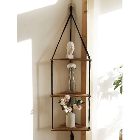 (Étagère d'angle M01507) Étagère d'angle murale en bois, support de rangement pour pots, étagère flottante en macramé, organisateur mural, style bohème, décoration nordique pour la maison (1/5)