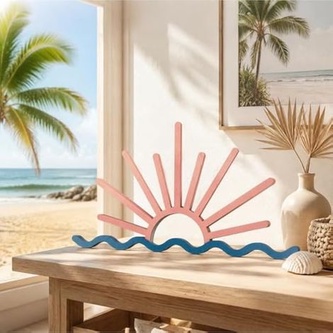 Décoration murale en bois RumonZS, motif vagues, lever et coucher de soleil, idéale pour la chambre, le salon, la salle de bain, une maison de plage ou pour une décoration estivale. (1/3)