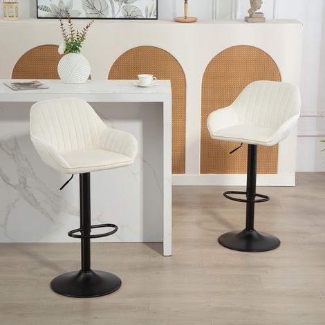 Set aus 2 drehbaren Barhockern, höhenverstellbar von 62 bis 83 cm, mit Samtbezug, Rücken- und Fußstütze, cremefarben