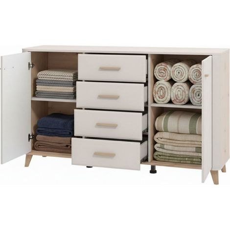 Aparador Illorai, Alacena 2 Estantes, 4 Cajones, 2 Puertas, 154x40x90.5h cm Blanco Crema