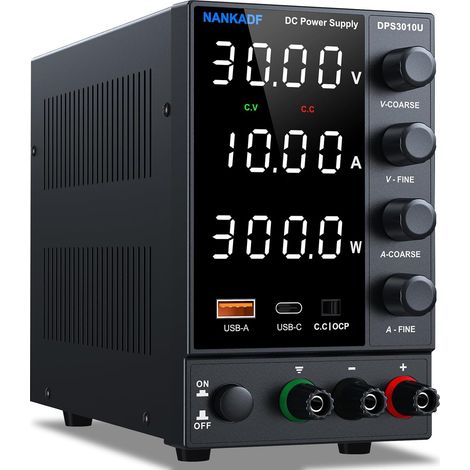 Alimentation de Laboratoire réglable 30 V 10 A, Alimentation CC réglable avec Ports USB-A/Type-C à Charge Rapide, équipée d'un écran à 4 LED et d'un Bouton Rotatif avec encodeur (1/5)