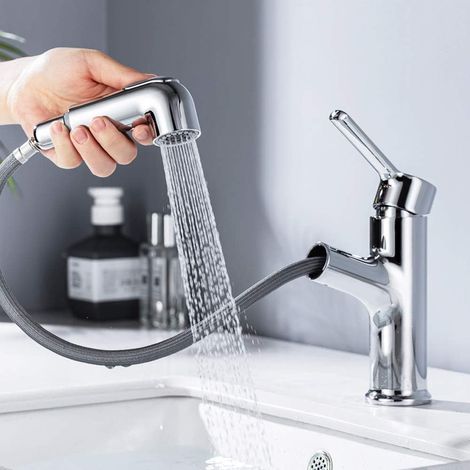ONECE Wasserhahn Bad mit ausziehbar Brause, Waschtischarmatur aus Messing Einhebelmischer Badarmatur Waschbecken Mischbatterie Armatur für Badezimmer, Chrom (1/5)