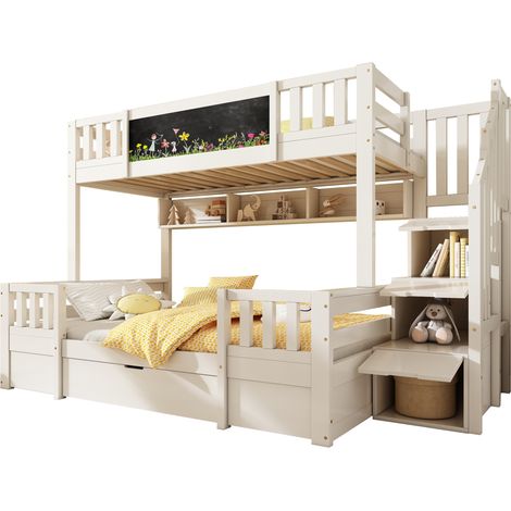 Lit superposé pour 3 enfants 90x200 et 140x200, avec tableau noir, escalier rangement, tiroirs et armoire échelle, bois blanc - CHICFURN (1/5)