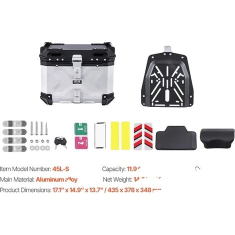 Baúl para motocicleta, aleación de aluminio, capacidad de 55 L, 45 L plateado (1/2)