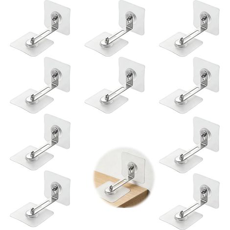 Lot de 10 Ancrage mural sans perçage, base adhésive transparente, bras métallique réglable, protection anti-basculement pour armoire, étagère, commode, sécurité maison (1/5)