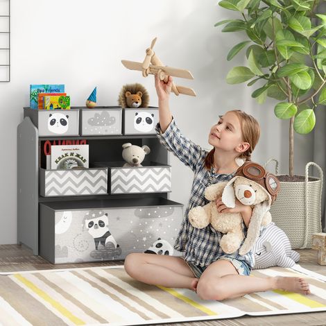 Meuble de rangement pour jouets d'enfants avec 6 bacs en tissu amovibles. 63 x 30 x 66 cm. Gris.
