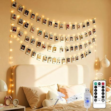 Guirlande lumineuse 10 m 100 LED avec pinces photo, USB, 8 modes d'éclairage, télécommande et variateur d'intensité, avec 60 pinces pour décoration de chambre, mariage, Noël, anniversaire, déco (1/5)