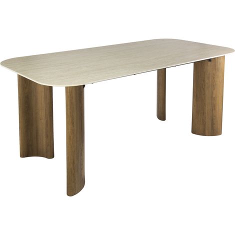 TIANA XL - Table à manger rectangulaire en céramique beige pieds couleur chêne 180 cm (1/5)