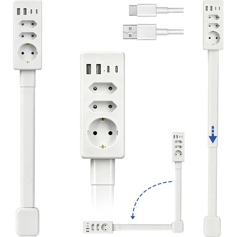 Verlängerungskabel mit ausziehbarer Leiste, 3 Steckdosen  2 USB-A & 2 USB-C Schnellladeanschlüsse, 360° drehbar & ausziehbar (47-67 cm) – Ausziehbare Steckdosenleiste für schwer erreichbare Steckdosen (1/5)