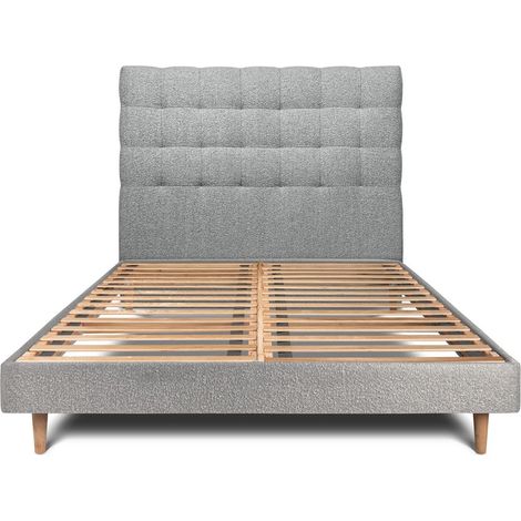 Lit 150x200cm avec tête de lit capitonnée bouclette et sommier kit Gris - Hauteur totale : 29cm (1/5)