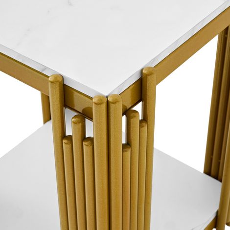Table de chevet moderne avec 2 étagères, cadre métallique doré à effet scintillant, plateau MDF imitation marbre blanc et or H55 x L43 x P40 cm (1/5)