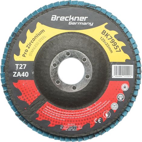 Disco lamellare abrasivo in zirconia T27 ZA40, 125x22mm per levigatura/lucidatura di metalli e acciaio inossidabile Breckner Germany