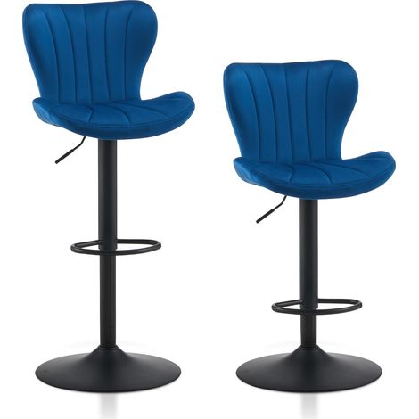 Lot de 2 tabourets de Bar en Velours - Réglable en Hauteur - Pivotant à 360° - avec Dossier, Repose-Pieds - Cadre en métal - Forme de Bol Moderne - pour Cuisine, Bar - Bleu (1/5)