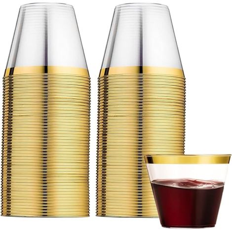 Gold Edge Plastic Tumblers, Reusable Elegant Wine Glasses for Party, Champagne, Beer, Cocktail, Martini, Soda (9 x 7 cm) (1/5)