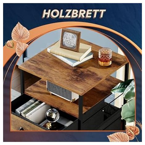 Boîte de rangement mobile DEVAISE, deux tiroirs doublés de tissu et un compartiment ouvert, roulettes verrouillables, format A4, marron vintage (1/5)
