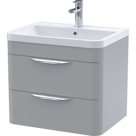 Aldershawe Contemporary Wall Hung 2 Drawer Vanity Basin Unit, Polymarble Basin, 600mm, Satin Grey (1/4)
