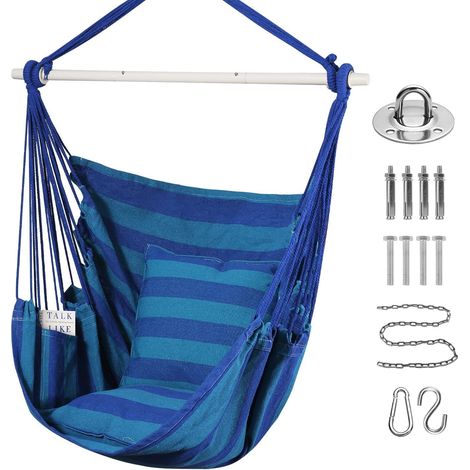 Chaise balançoire Chaise Grand hamac en Coton Doux avec Deux Coussins Oreiller avec Sac à Main Intérieur/Extérieur/Chambre Terrasse Jardin Balcon, 150kg (Bleues Rayures)