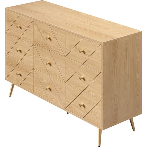 Commode moderne à 9 tiroirs avec pieds en fer – rangement polyvalent en panneaux de particules, 120x39x80 cm, couleur bois (1/5)