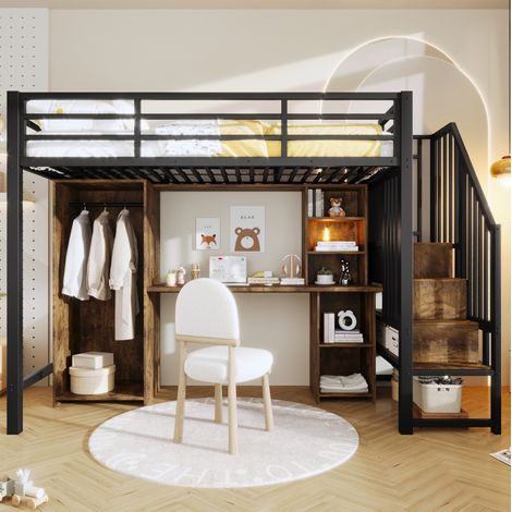 Hochbett 90 x 200 cm mit Schreibtisch, Schrank und Stauraum, Metall- und MDF-Rahmen, schwarz HAVRYA (1/5)