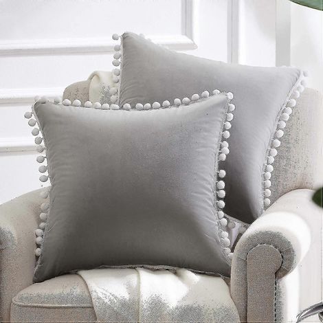 Housse de coussin décorative à pompons, carrée, en velours doux, 45 x 45 cm (1/5)