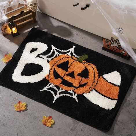 Tapis de salle de bain Halloween citrouille « Boo » noir et orange, tapis de sol moelleux absorbant l’eau, tapis décor antidérapant lavable en machine pour salle de douche, entrée, chambre et décorati (1/5)