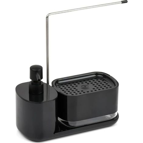 Distributeur Liquide Vaisselle avec Support Eponge Porte Eponge Evier Cuisine, Organisateur d'évier Noir avec Récipient Liquide Vaisselle, Porte-éponge, Porte Torchon (1/4)
