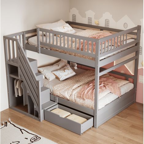 Letto a castello 205x145x173.5 cm, con rete a doghe, scala con contenitore, sponde di sicurezza, legno grigio (1/5)
