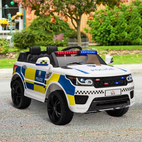 Voiture de police électrique pour enfants, 12 V, avec télécommande, sirène, gyrophares et connexion USB pour la musique, 110 x 68 x 52 cm, blanche. (1/5)