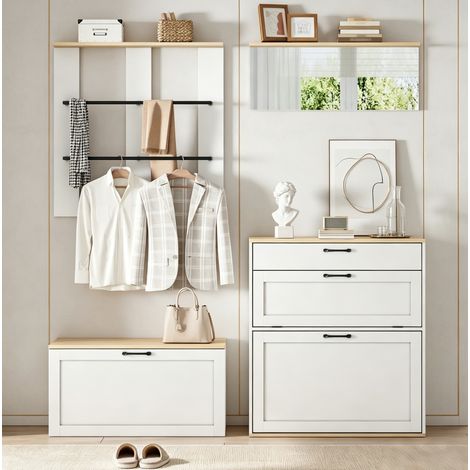 Modulares Flurmöbel 156 x 36 x 176 cm mit Spiegel, Weiß und Holz HAVRYA (1/5)