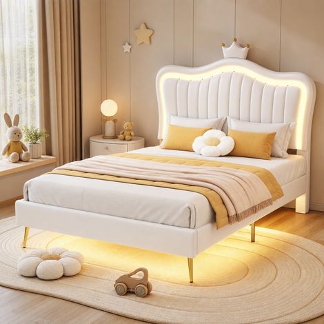 Lit enfant 90 x 200 cm en cuir régénéré blanc, tête de lit coquillage avec couronne, LED multicolores, sommier à lattes, tête réglable – de FLORAGRACE (1/5)