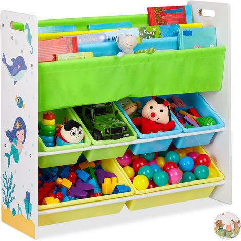 Relaxdays Scaffale Porta Giochi, con 6 Box e 4 Scomparti di Stoffa, Immagini Sirena, HLP: 78 x 86 x 26,5 cm, Colorato (1/5)