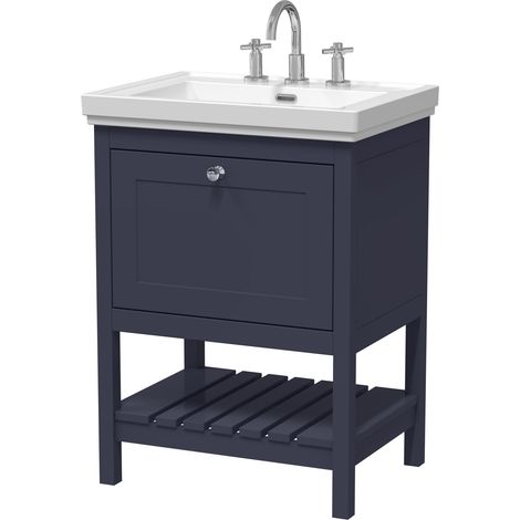Balterley Coppenhall Bathroom Floor Standing 1 Drawer Vanity & 3 Tap Hole Fireclay Basin, Indigo Blue, 600mm (1/4)