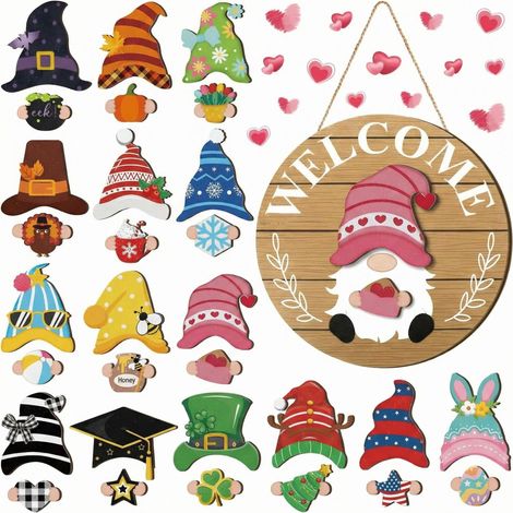 Gnome En Bois - Plaque De Porte Décorative 30x30x0 5 Cm - Pour Intérieur Et Extérieur - Toutes Saisons - Lot De 1 (1/5)