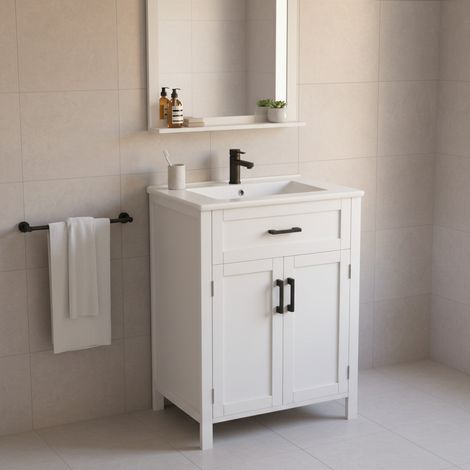 URBAN MEUBLE Meuble vasque blanc laqué sur pied 60x46x84cm, vasque blanc en céramique, tiroir basculant et rangement (robinet non inclus)