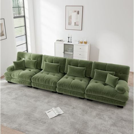 Sofá rinconero modular de 4 plazas, asiento profundo, chenilla verde HAVRYA (1/5)