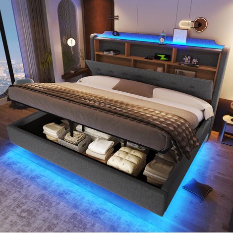 Letto matrimoniale 180x200 cm grigio in lino e MDF con LED, contenitore idraulico e ricarica USB-C (1/5)
